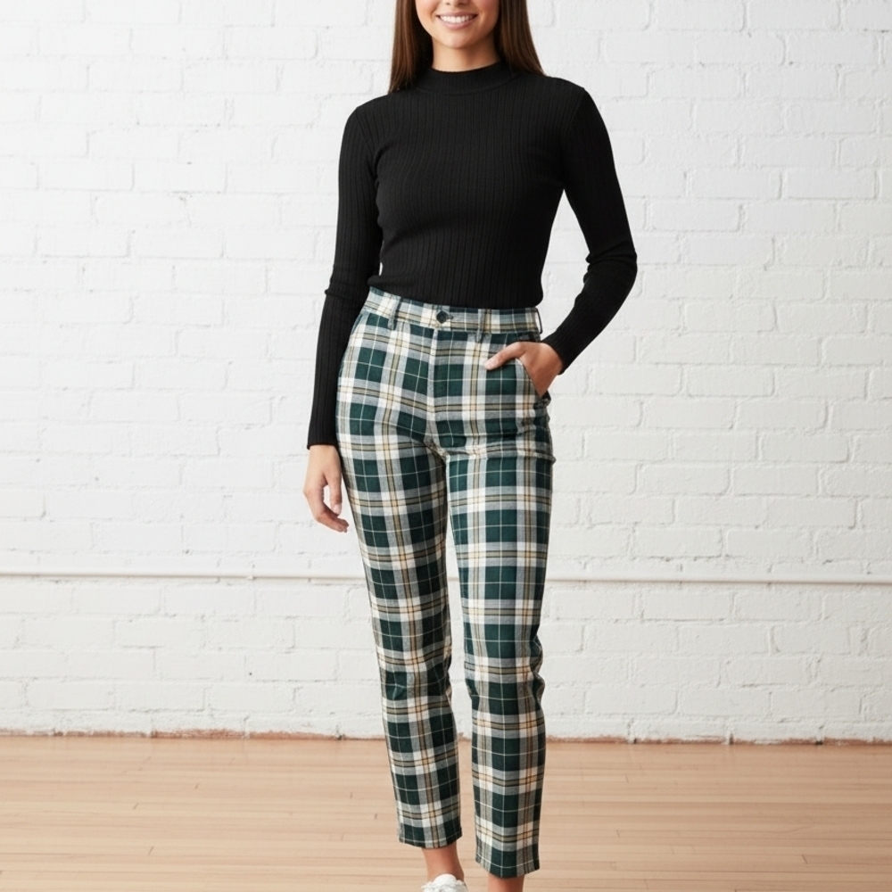 NORDSTROM Plaid Pixie Pants Juniors 16 Navy Green Slim Straight Career